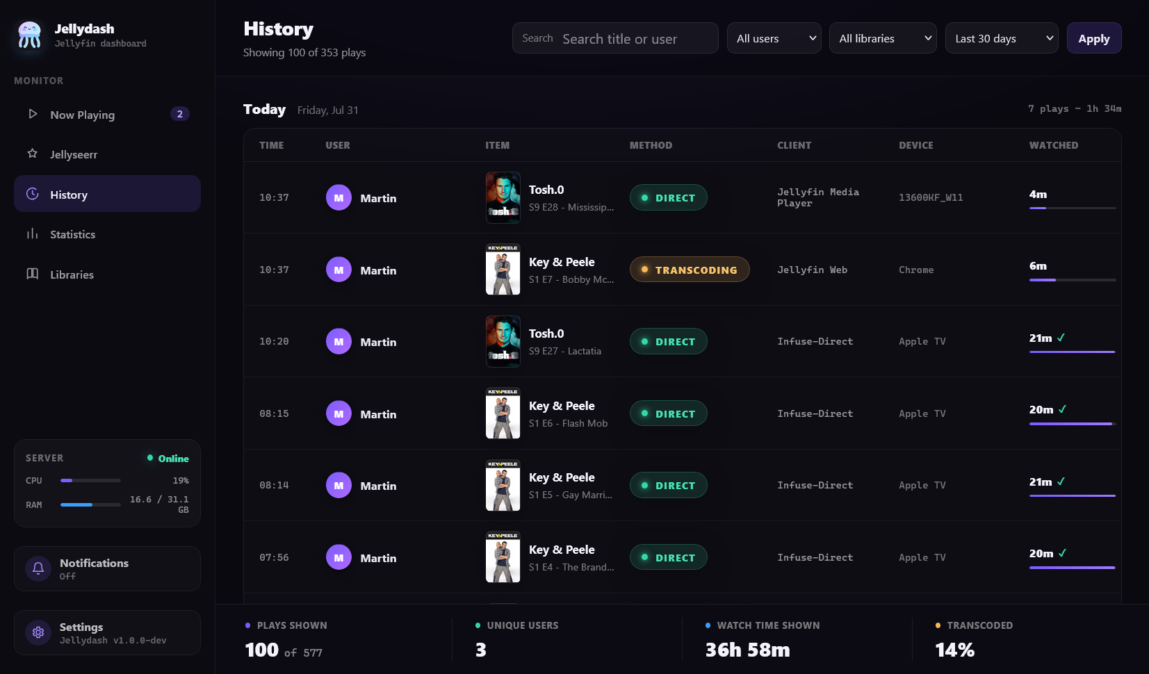 History page with a filterable play log