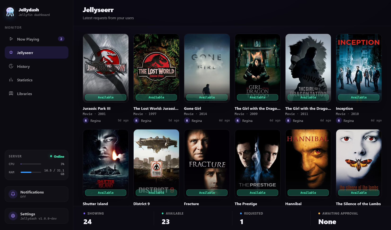 Jellyseerr requests page with poster cards