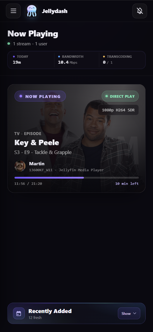 Jellydash showing an active stream on Android