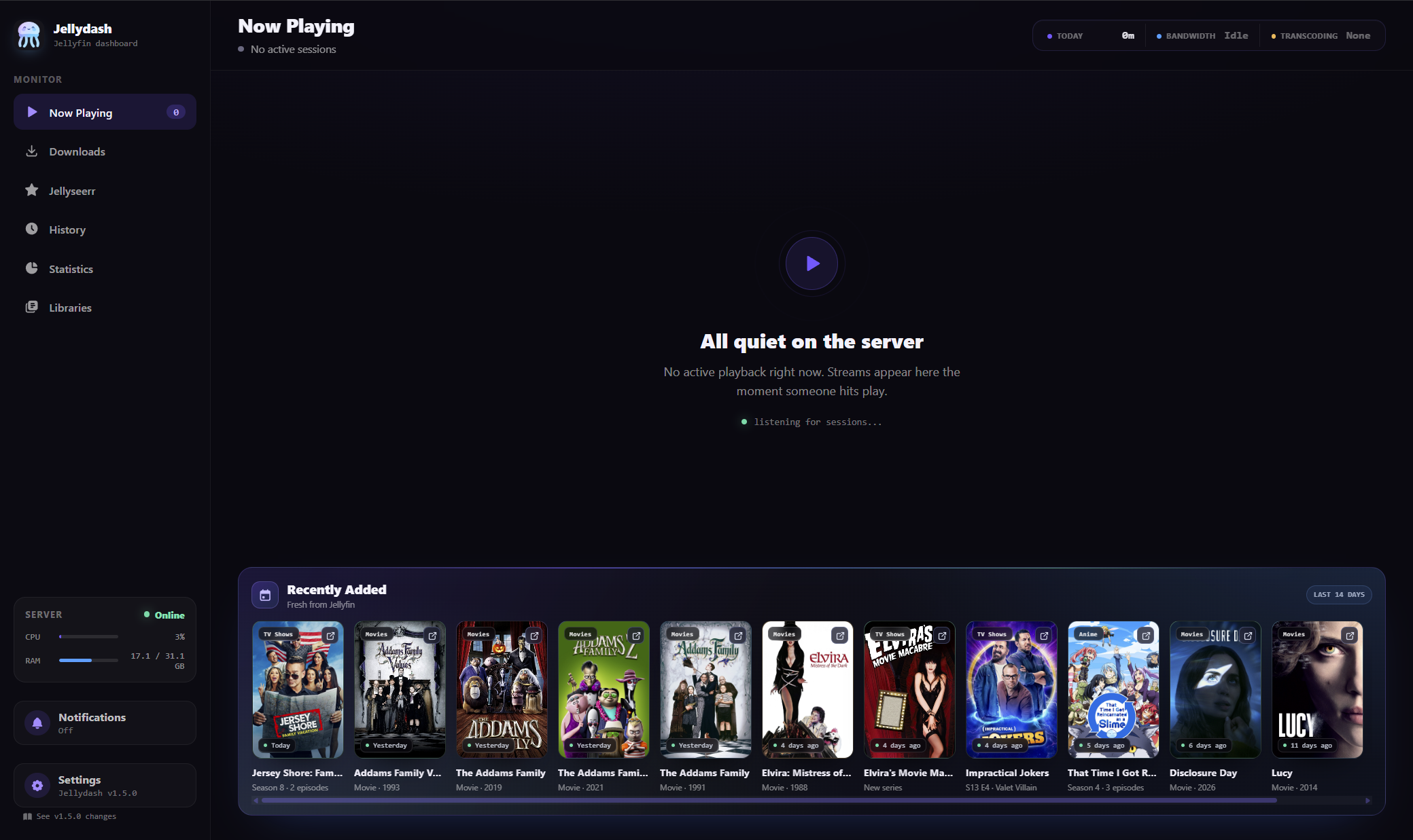 Now Playing page with no active streams and the full Recently Added shelf