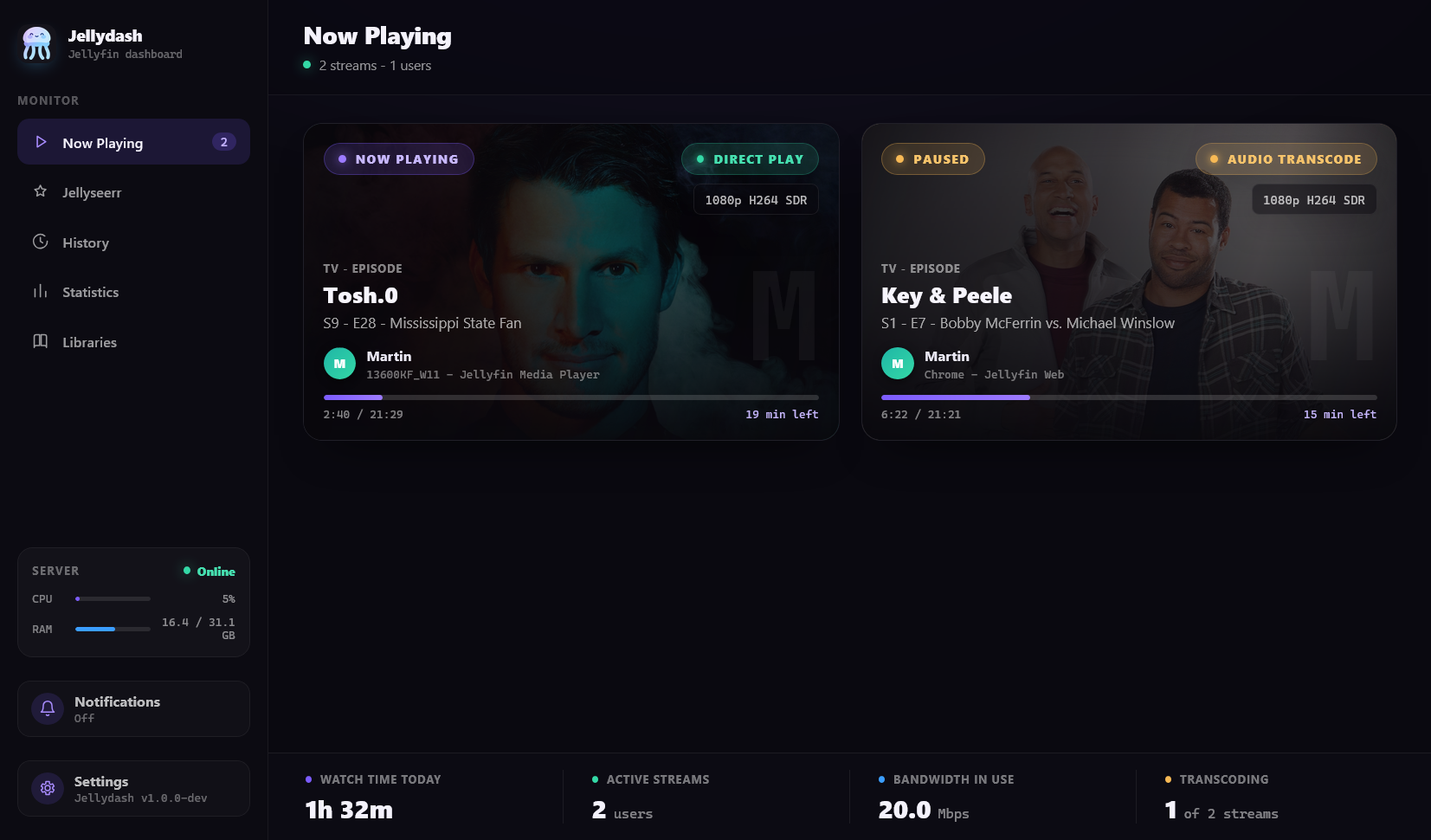 Now Playing page with two live stream cards